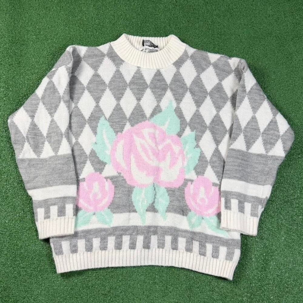 Vintage 80s Jantzen Floral Sweater Womens M Gray Pink Rose Knit USA Made Grandma